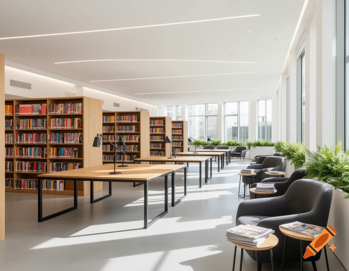 A bright, modern library interior with wooden bookshelves, study tables ...