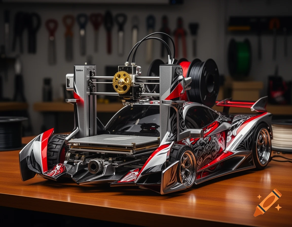A photorealistic 3D printer integrated with a custom red, black, and silver car body kit on a wooden desk.