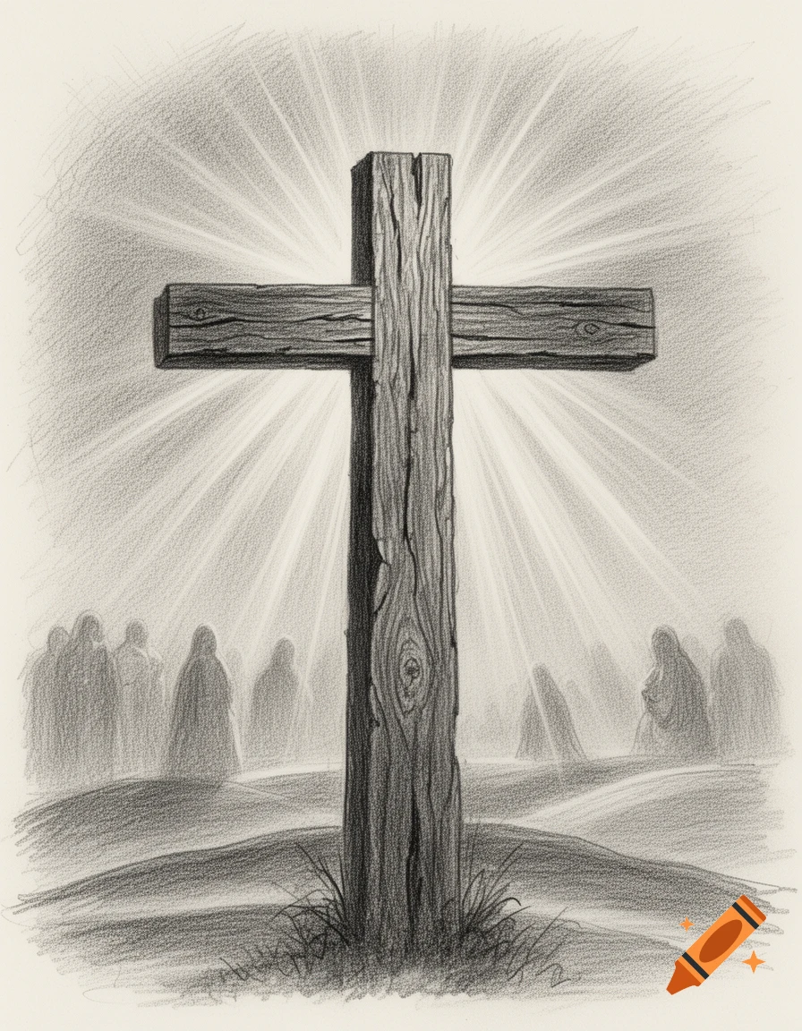 A radiant pencil sketch of a wooden cross on a hill, with shadowy figures in the background.