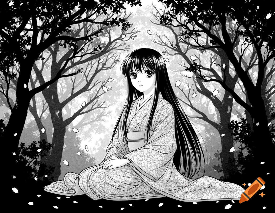 Black and white manga drawing of a girl in a kimono sitting among trees with falling petals in a forest.