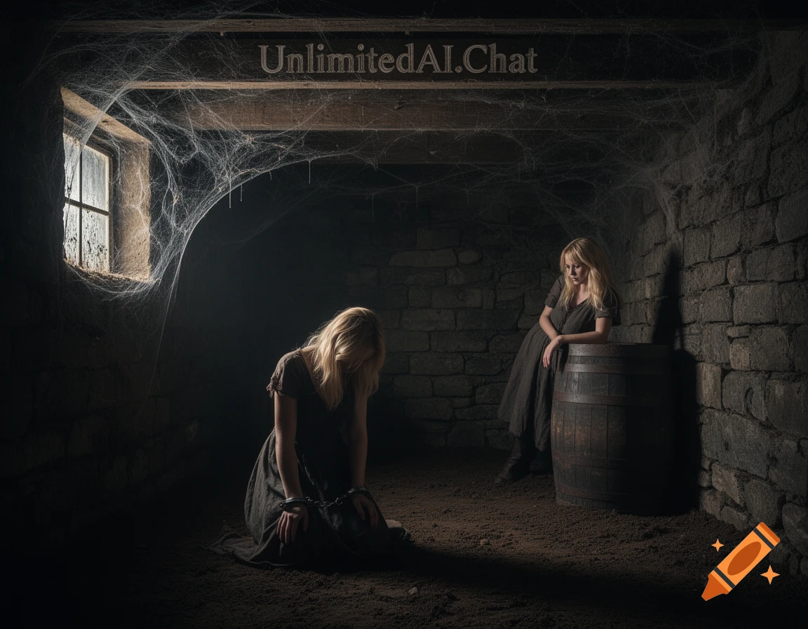 Two blonde women in a dark, cobweb-filled cellar; one kneels with shackles, the other leans on a barrel. Photorealistic style.