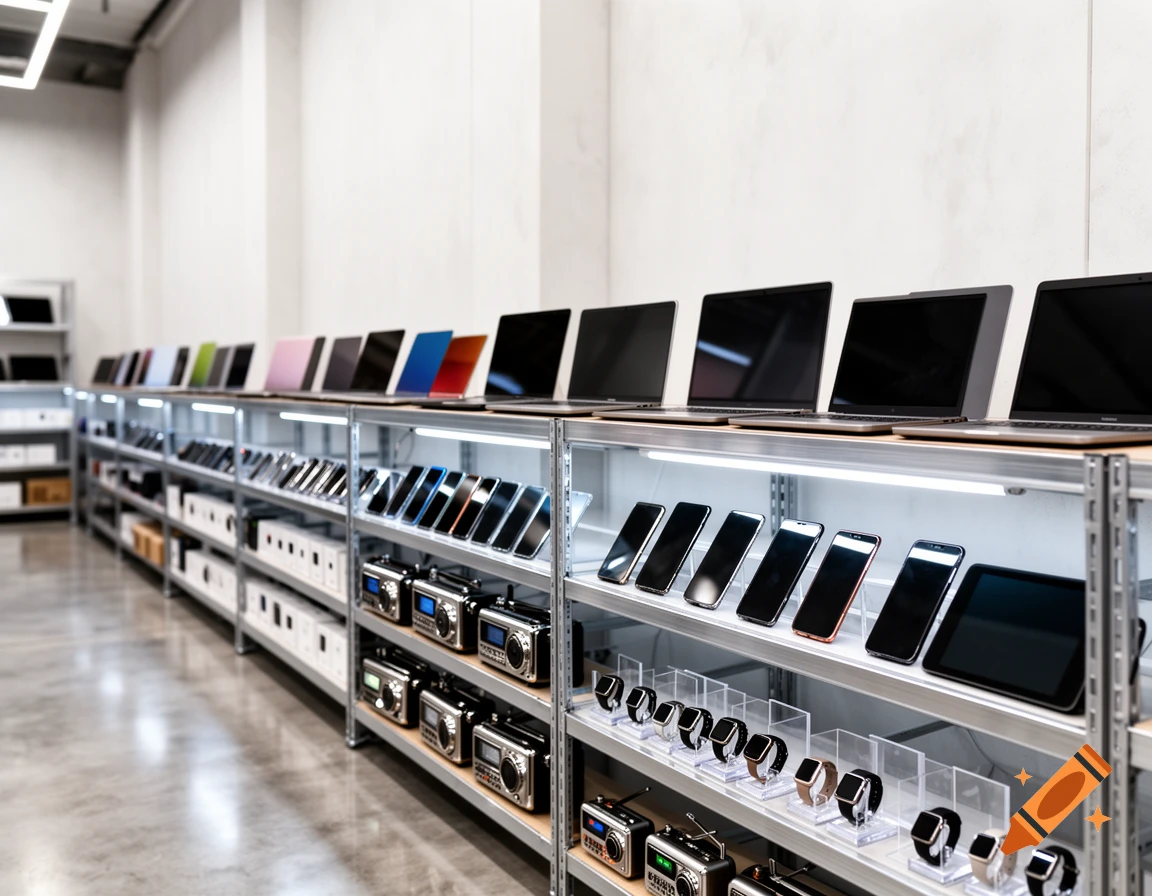 A modern electronics warehouse with rows of shelves displaying laptops, smartphones, tablets, smartwatches, and retro-style radios.