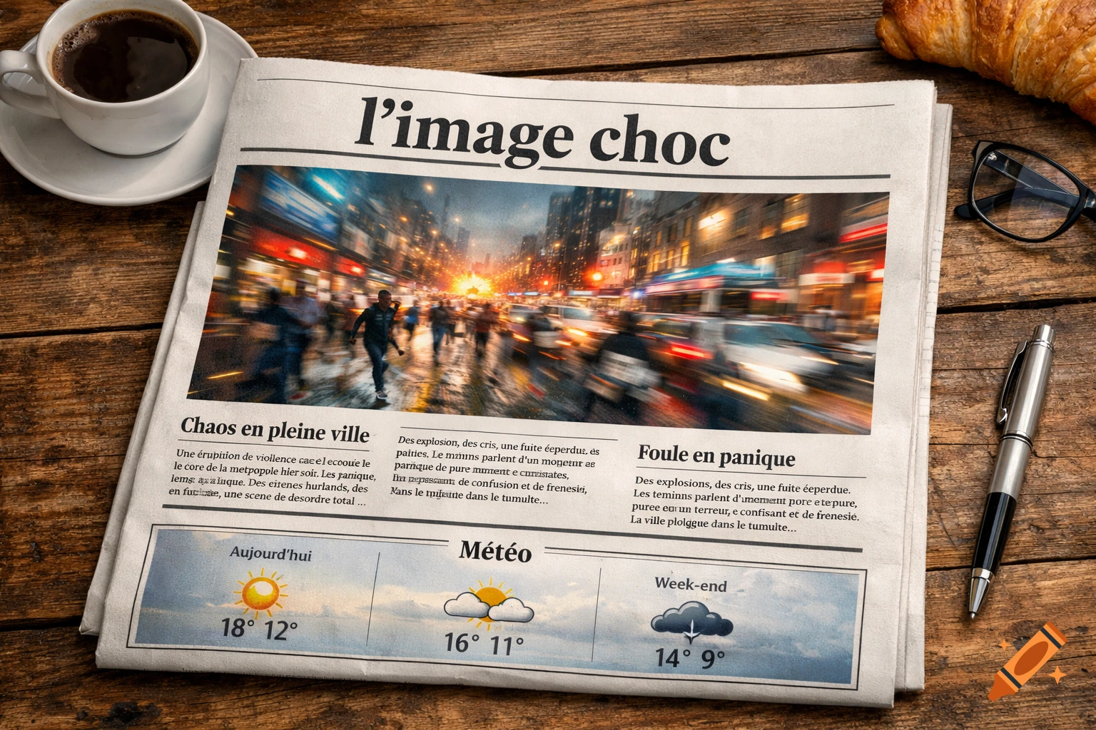 A newspaper with the headline "l'image choc" (the shocking image), featuring a blurry photo of a chaotic street scene at night. A cup of coffee, a croissant, a pen, and glasses are on a wooden table beside it. Weather forecasts are at the bottom.