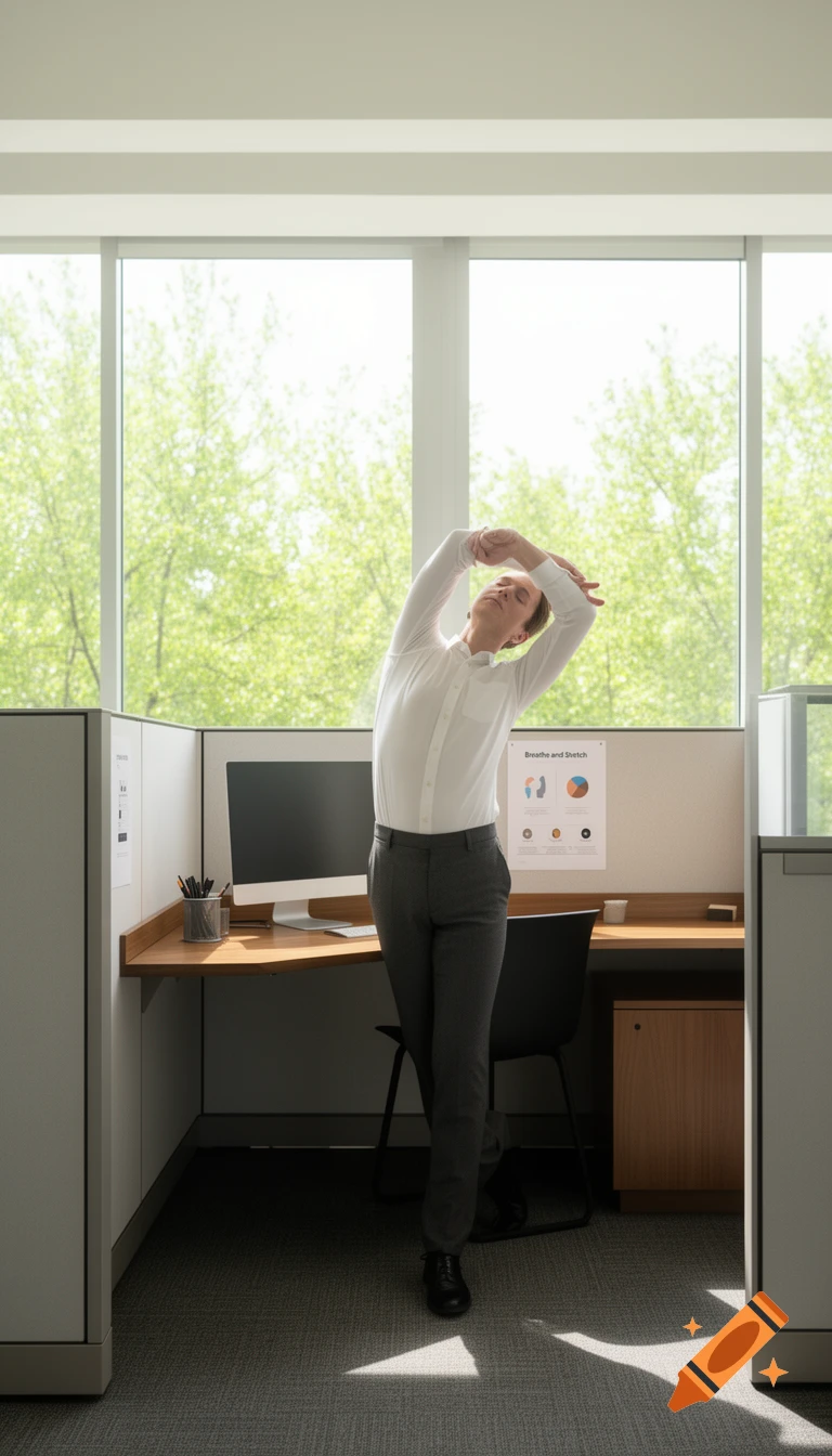 Man in a white shirt stretches sideways in an office cubicle with a large window showing green trees outside. Photorealistic.
