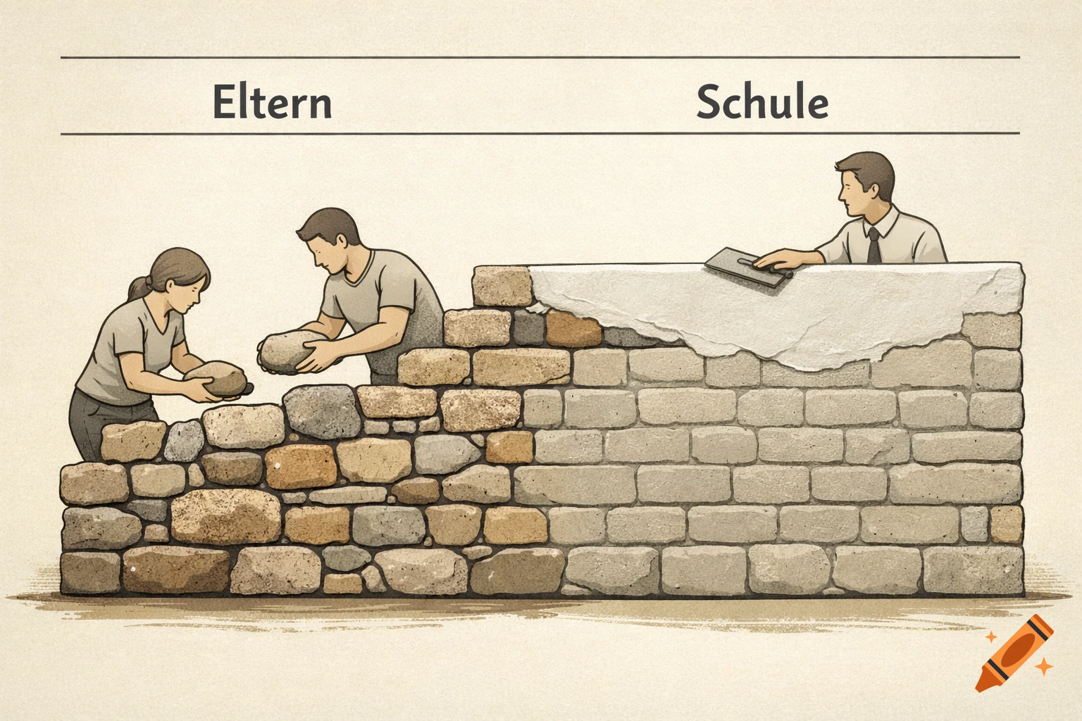 An illustration of parents building a stone wall and a school plastering a brick wall, symbolizing education.