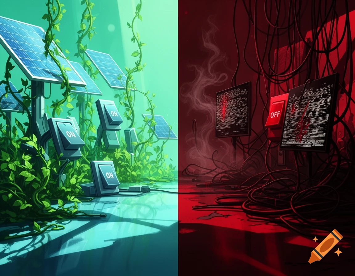 Vertical split art: left shows green vines with solar panels and 'ON' switches; right shows red, tangled wires, glitchy monitors, and an 'OFF' switch.