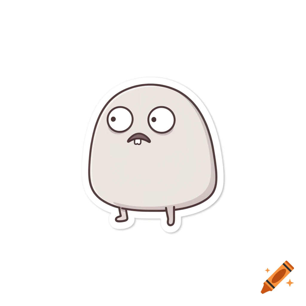 A minimalist sticker illustration of a light grey, blob-shaped cartoon character with wide eyes, a tiny mustache, one tooth, and small legs, looking confused.