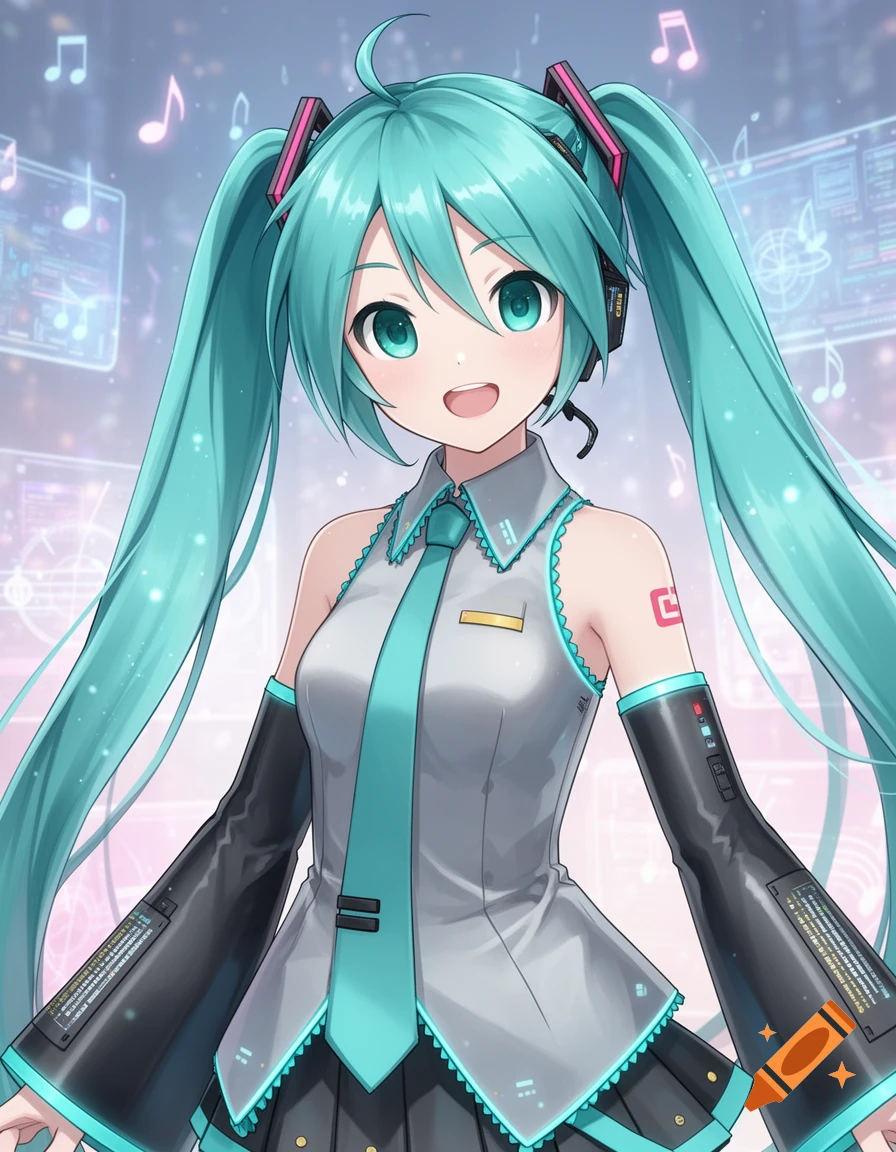 An anime girl with long teal pigtails, wearing a grey and teal uniform, smiles in front of a futuristic music interface.