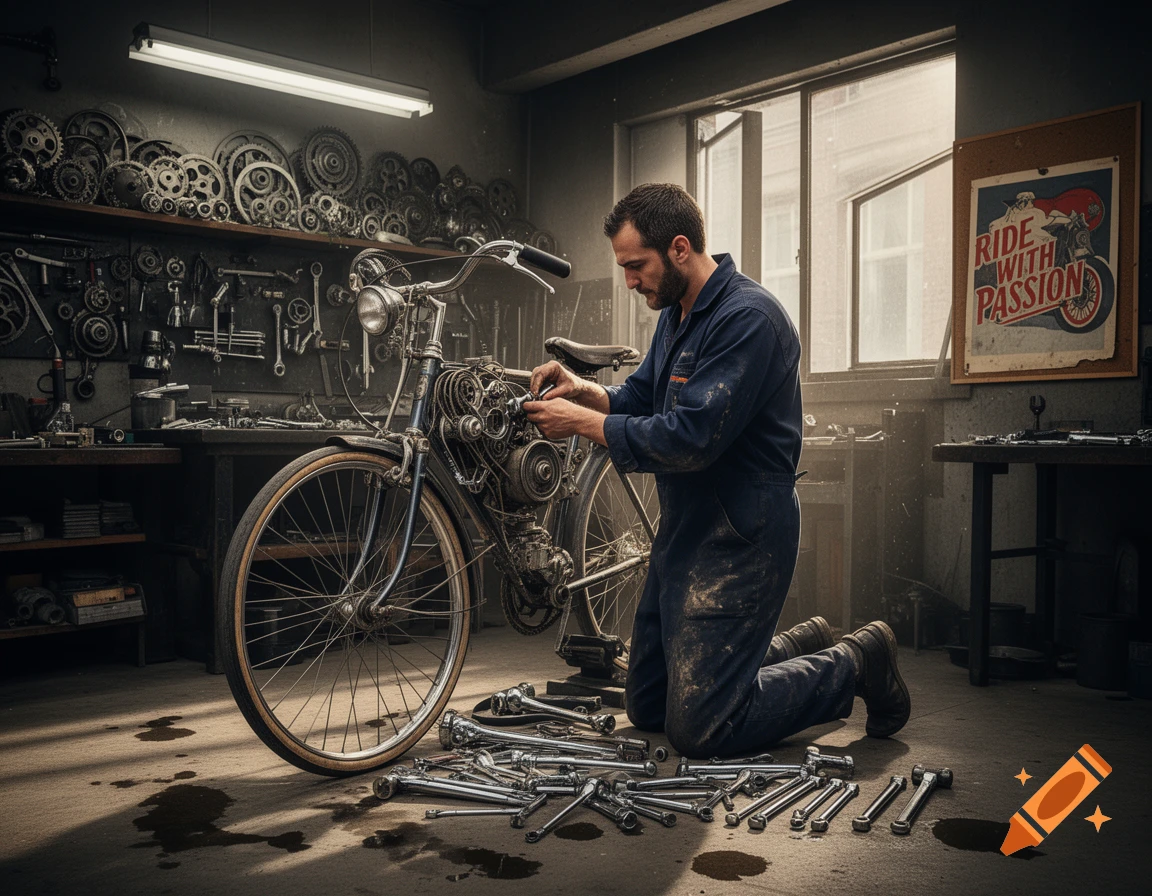A man in blue overalls kneels, fixing a vintage bicycle in a workshop filled with tools and gears.