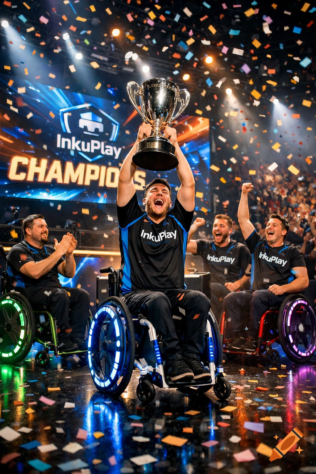 An esports team of wheelchair users celebrating a championship win on stage, one player hoisting a trophy amidst confetti.