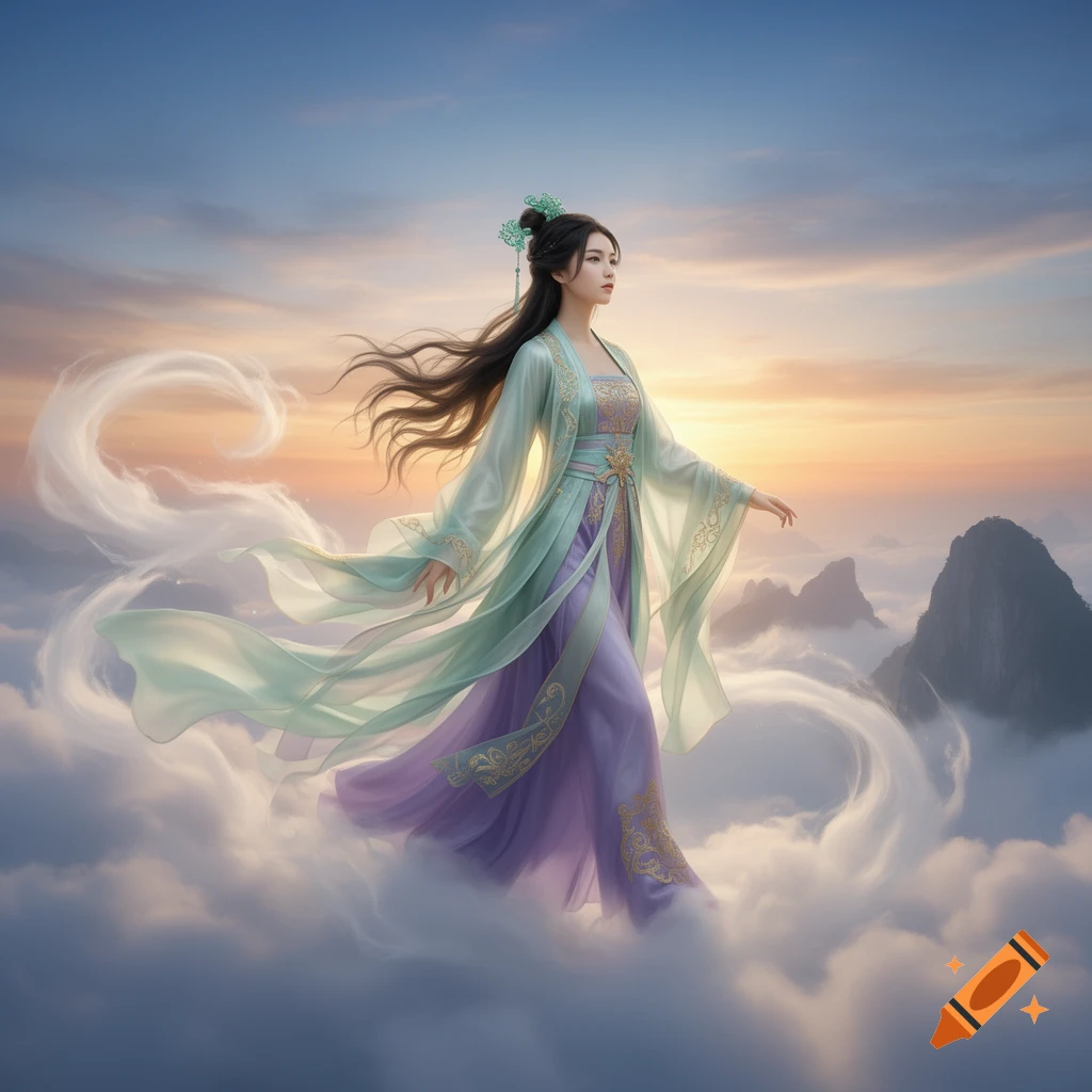 A woman in flowing green and purple traditional Chinese attire floats on clouds above mountains at sunset, digital art.