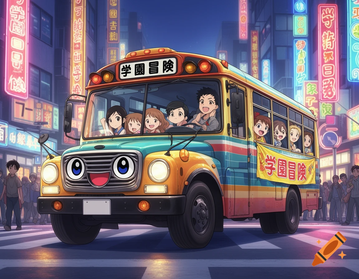 Anime style school bus with a smiling face, filled with happy children ...