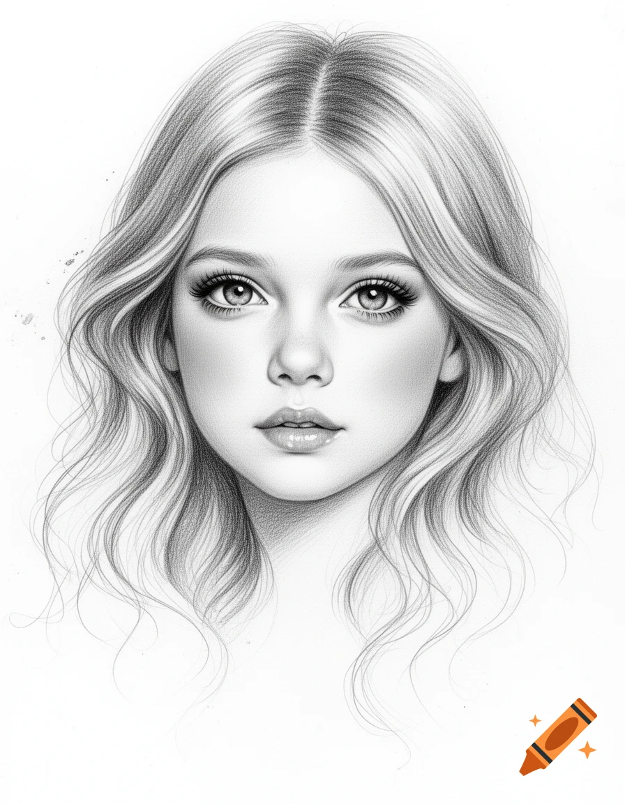 Pencil drawing of a beautiful girl's face with wavy hair.