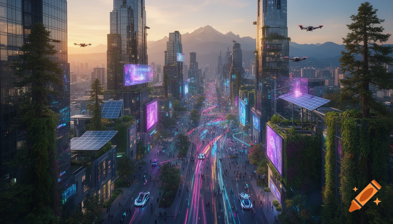 A vibrant cyberpunk solarpunk megacity with towering skyscrapers, glowing neon displays, cars, drones, and trees, all set against a mountain backdrop.