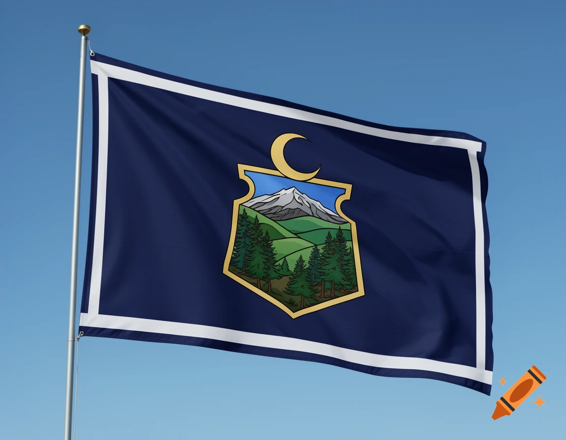 A dark blue flag with a white border flies against a clear blue sky. A central emblem shows a mountain, green trees, and a golden crescent moon.