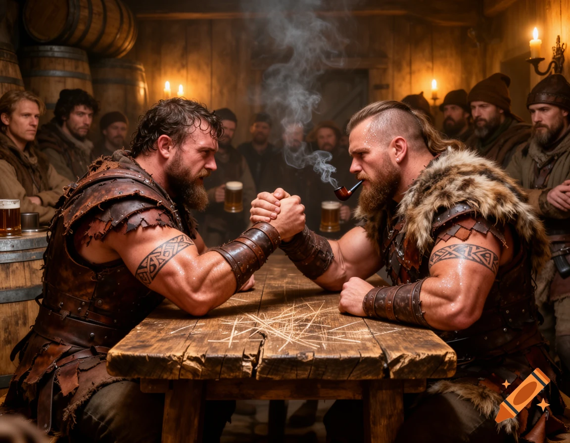 Two muscular, bearded men in leather and fur arm wrestle intently at a rustic wooden table in a dimly lit tavern, surrounded by onlookers.