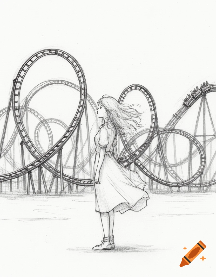 Pencil sketch of an anime-style girl with flowing hair, looking left, in front of looping roller coaster tracks.
