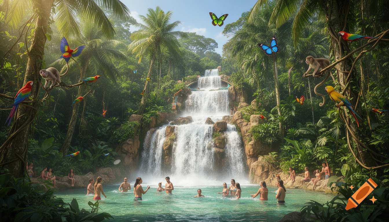 Photorealistic tropical water park with a tiered waterfall, lush jungle, people swimming, colorful parrots, monkeys, and butterflies.