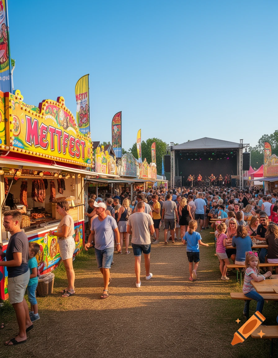 A sunny outdoor festival scene with many people, food stalls, a prominent 'Mettfest' sign, and a band performing on a distant stage.