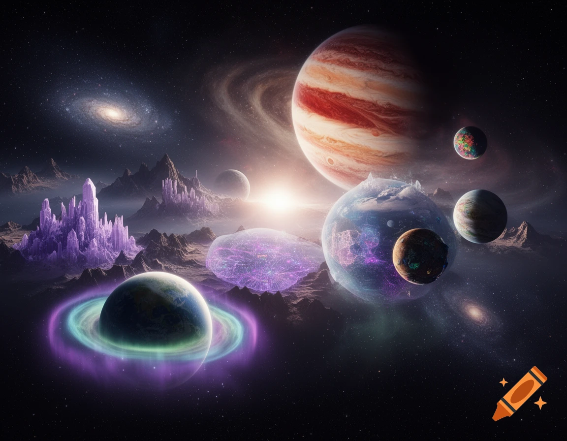 A surreal space landscape featuring multiple alien planets, some with glowing rings, and purple crystal cities on rocky terrain.