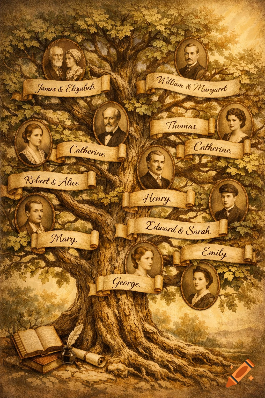 A vintage family tree illustration with multiple oval portraits of people and their names written on scrolls, set against a leafy tree and landscape.