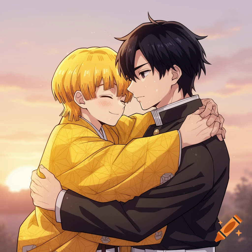 Anime characters Zenitsu Agatsuma and Genya Shinazugawa share an affectionate hug against a sunset sky.