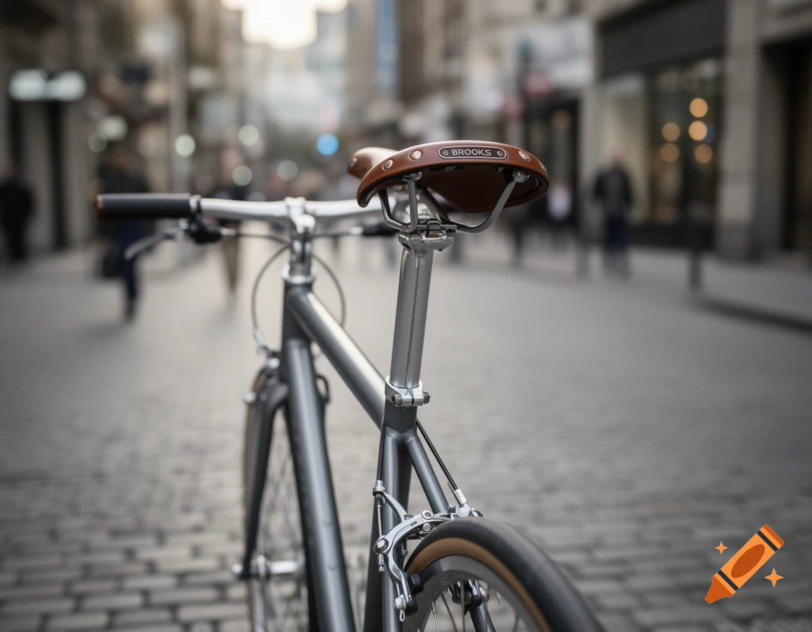 Close-up of a grey bicycle with a brown Brooks leather saddle on a cobblestone city street with blurred background.