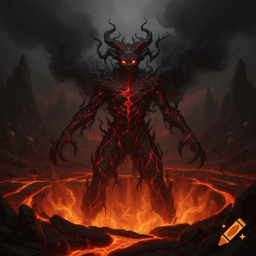 A terrifying demonic creature with glowing red eyes and red cracks across its black body stands in a fiery pit of lava with skulls in a dark, smoky hellscape.