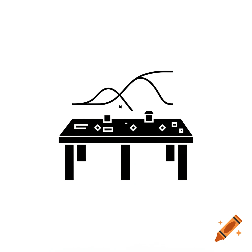 Black and white icon depicting a pier-like table with abstract sensor shapes and a mathematical curve above it.