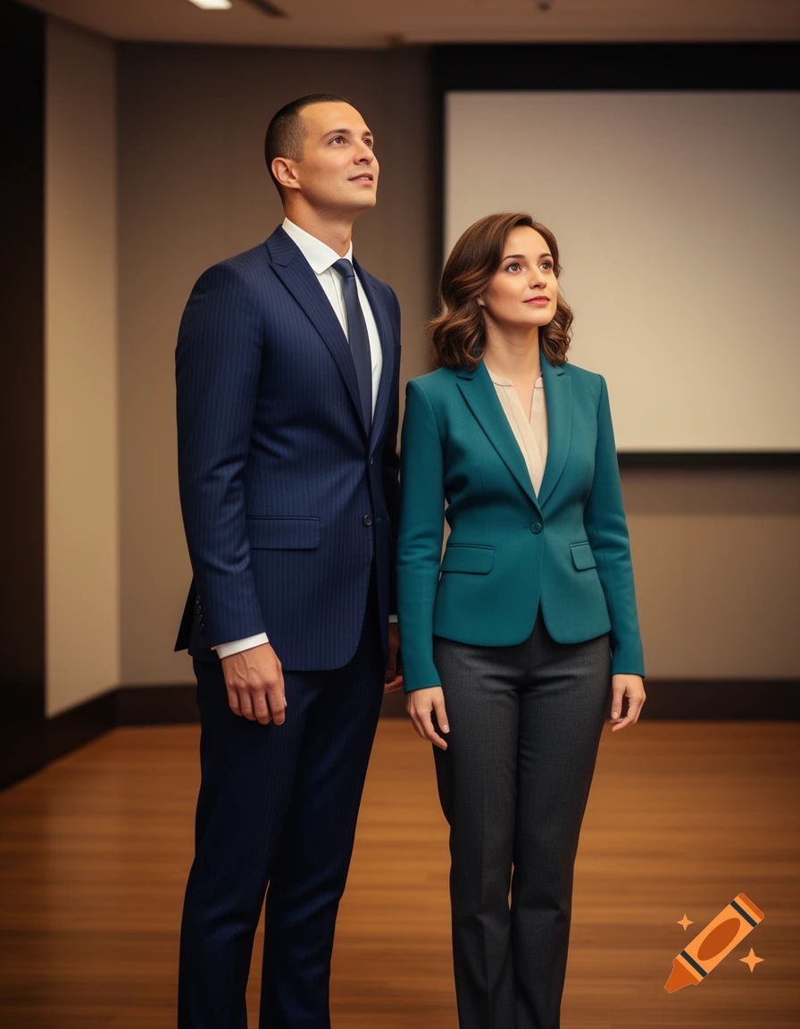 A man in a blue suit and a woman in a teal blazer stand side by side, looking upwards in a professional setting.