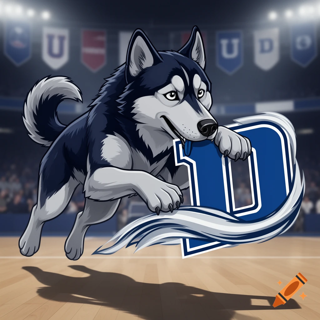 A cartoon husky mascot, dark blue and white, runs while holding a large blue 'D' logo in its mouth. It is on a basketball court with blurred stadium seating and banners in the background.