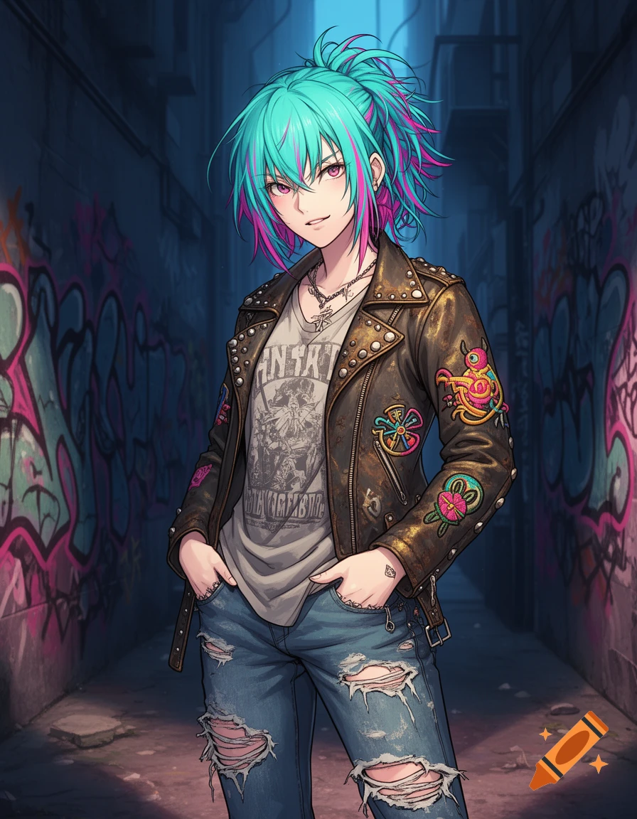 A young anime-style person with bright teal and pink hair, wearing a studded leather jacket and ripped jeans, stands in a graffiti-covered alley.
