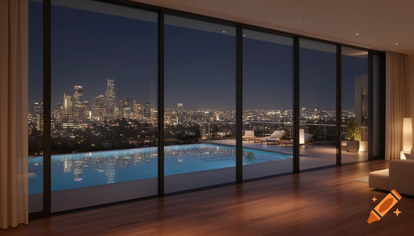 A modern apartment with floor-to-ceiling windows overlooking an ...