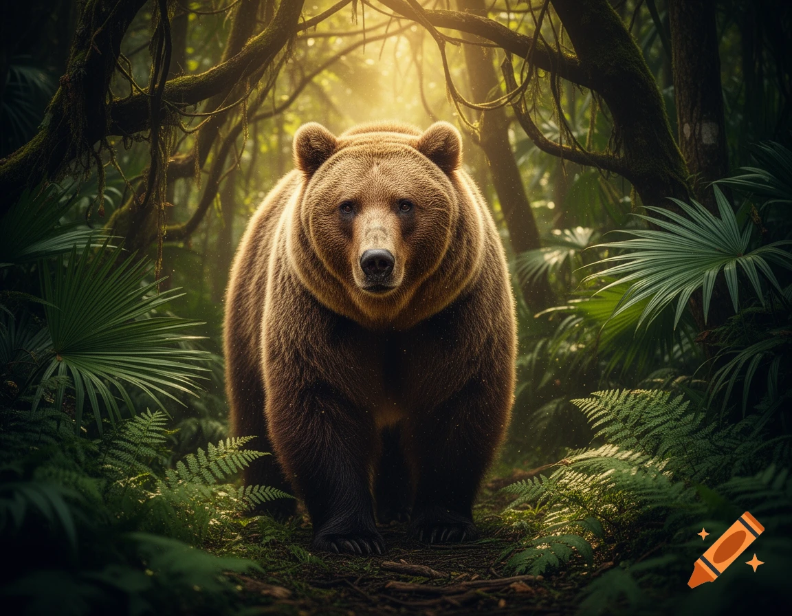 A large brown bear stands directly facing the viewer in a lush, sun-dappled jungle, surrounded by dense foliage.