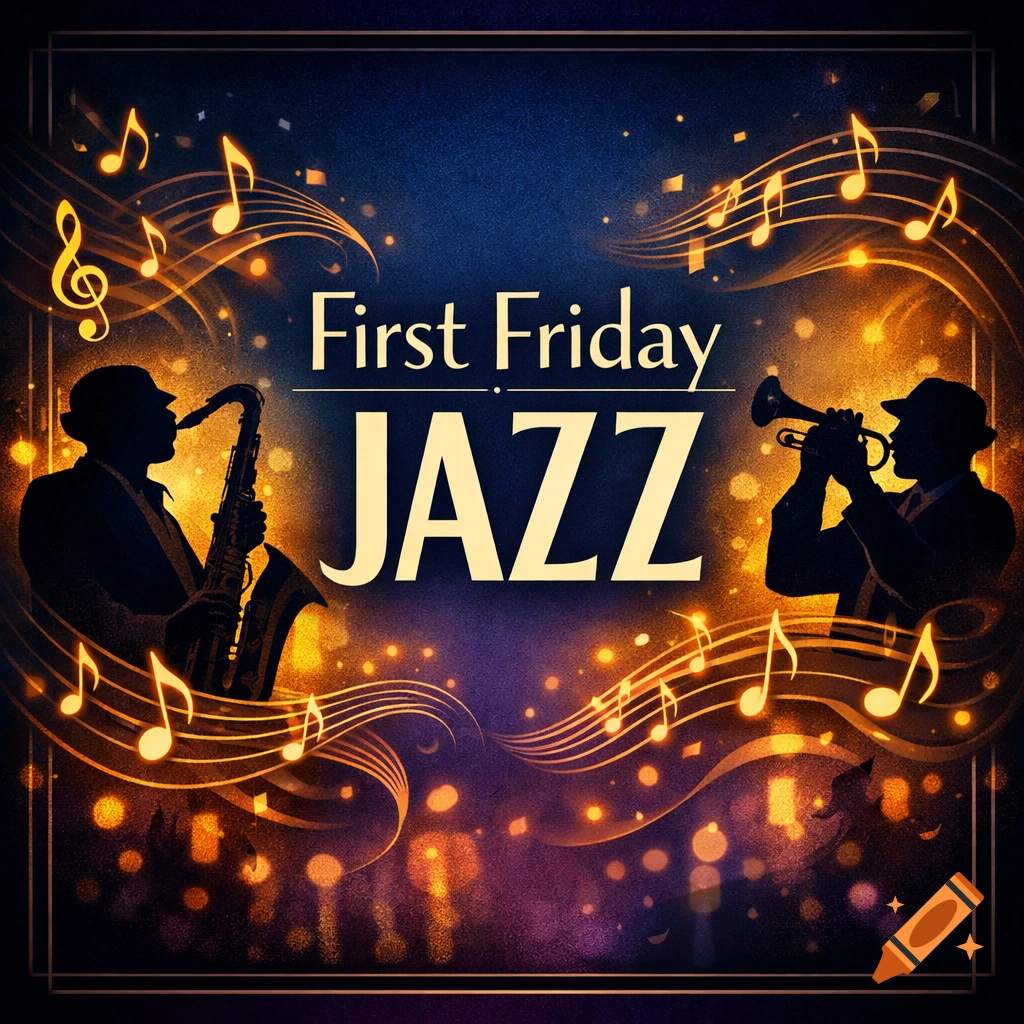 A vibrant jazz concert banner with two silhouetted musicians, musical notes, and the text 'First Friday JAZZ'.