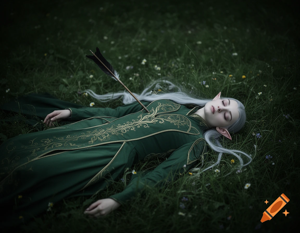 A pale-skinned elf in a green, embroidered dress and silver hair lies dead in dark grass with an arrow in her chest, eyes closed.