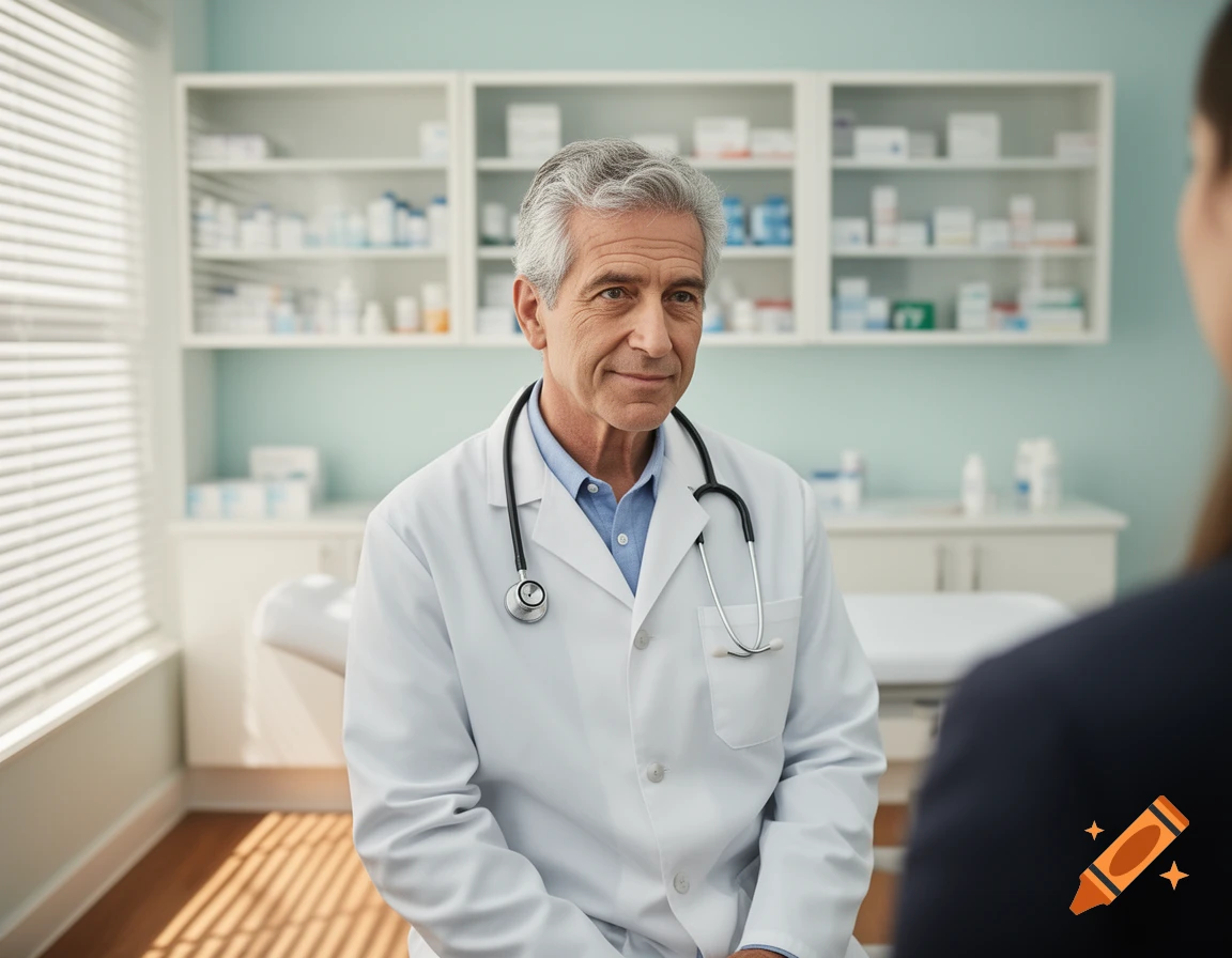 A confident middle-aged male doctor in a white lab coat and stethoscope looks at a patient in a medical office.