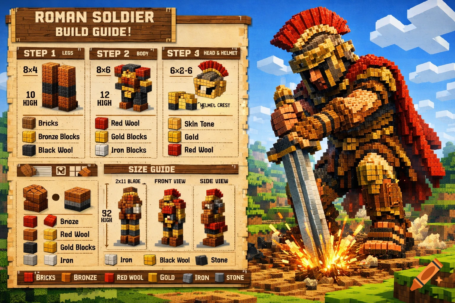 Minecraft-style build guide for a Roman soldier, featuring step-by-step instructions and a large blocky soldier plunging a sword into a pixelated landscape.