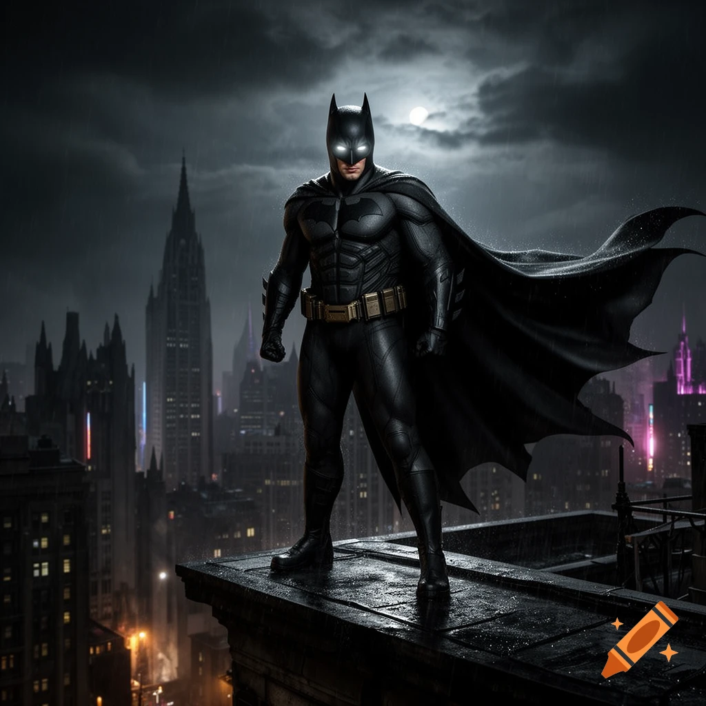 Photorealistic image of Batman standing heroically on a rainy city ...