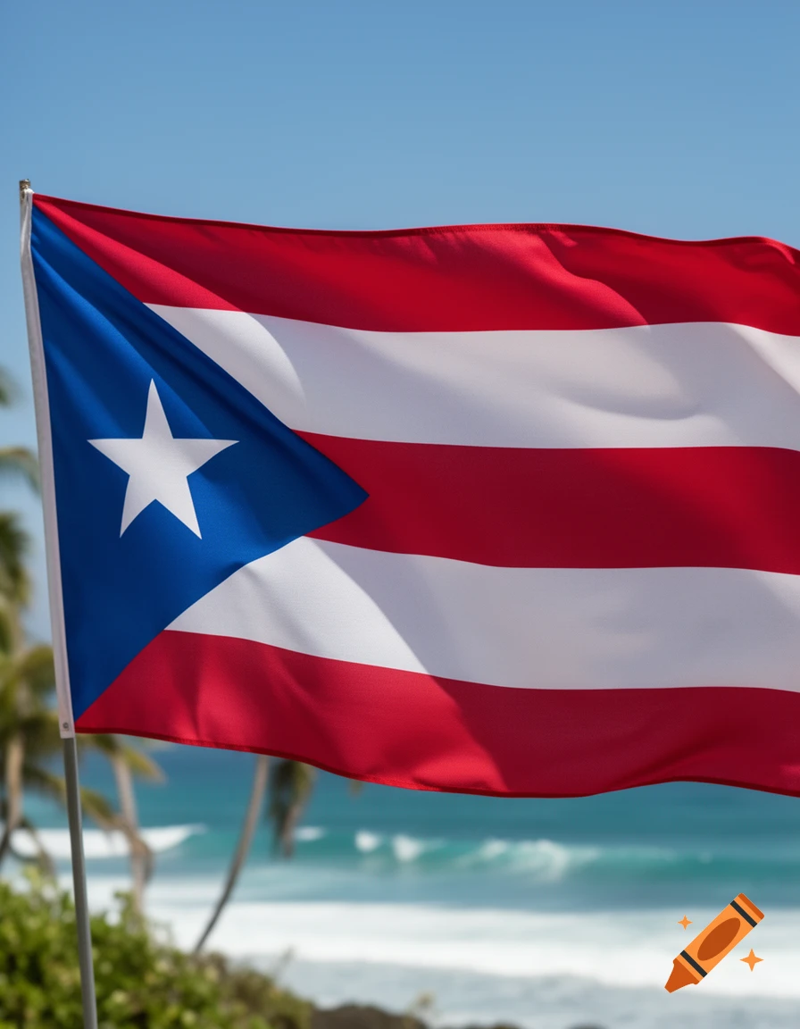Photorealistic image of the Puerto Rico flag waving against a clear blue sky, with a tropical beach and ocean in the background.