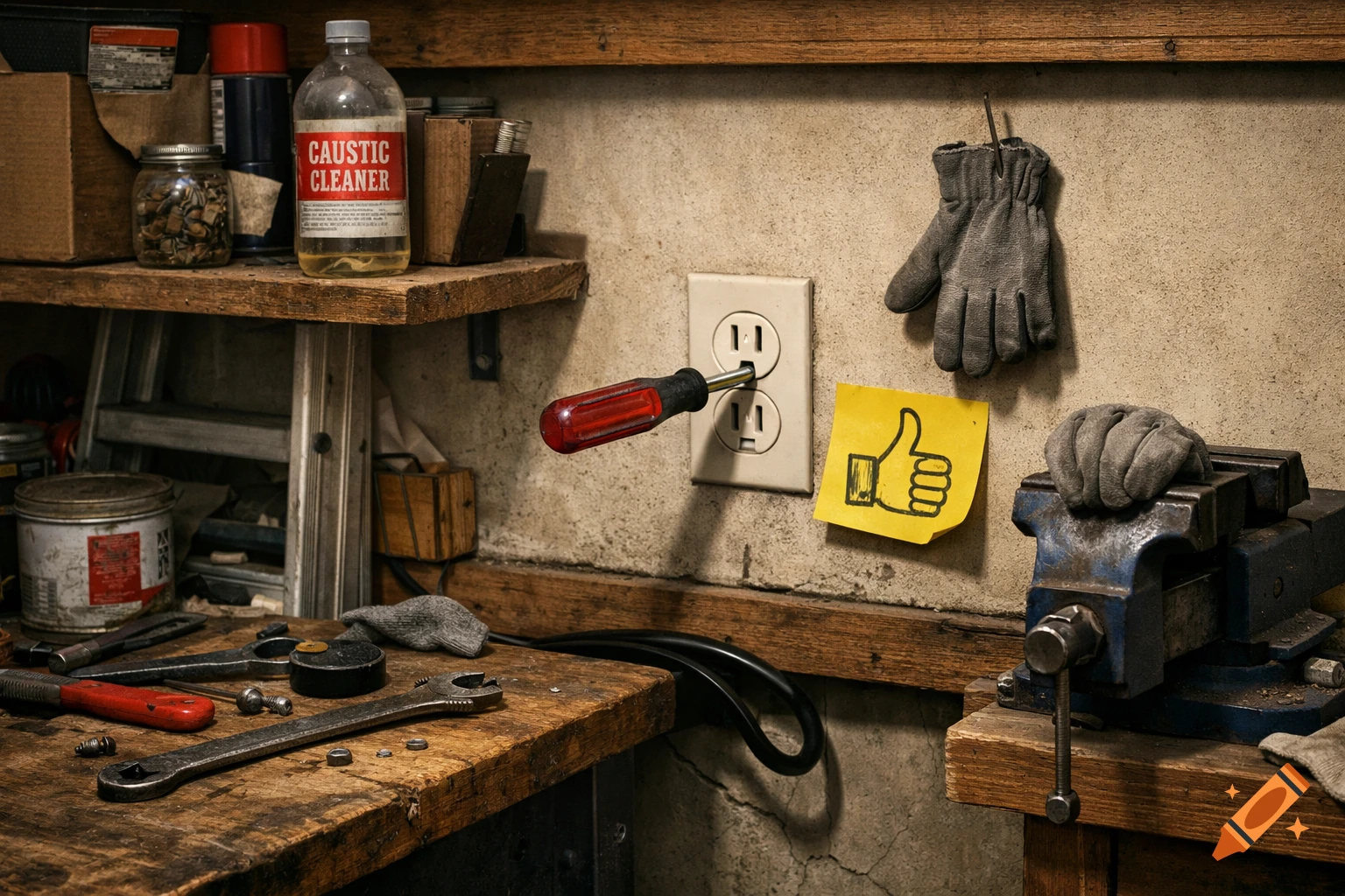 A cluttered photorealistic garage workbench with tools, a screwdriver in a wall socket, a bottle of 'CAUSTIC CLEANER', and a thumbs-up post-it note.