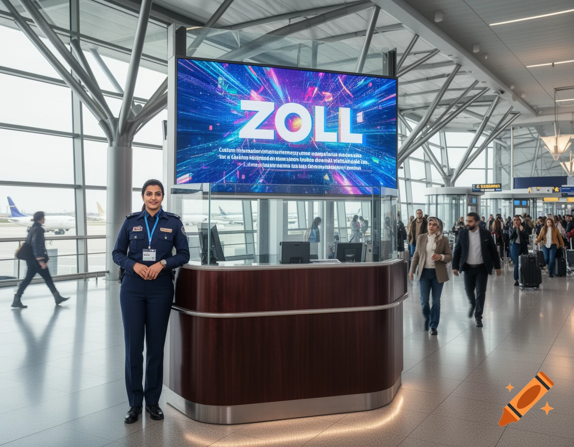 A photorealistic image of a female customs officer standing next to a customs desk in a busy airport, with a large screen displaying "ZOLL" behind her. Other travelers are visible in the background.