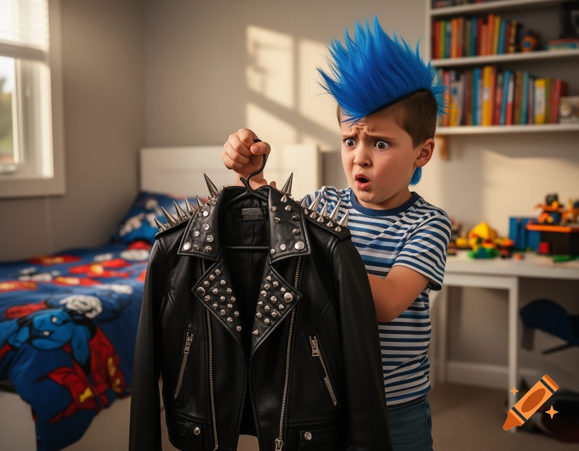A surprised young boy with a blue mohawk wig holds up a black leather punk jacket with spikes in his bedroom.