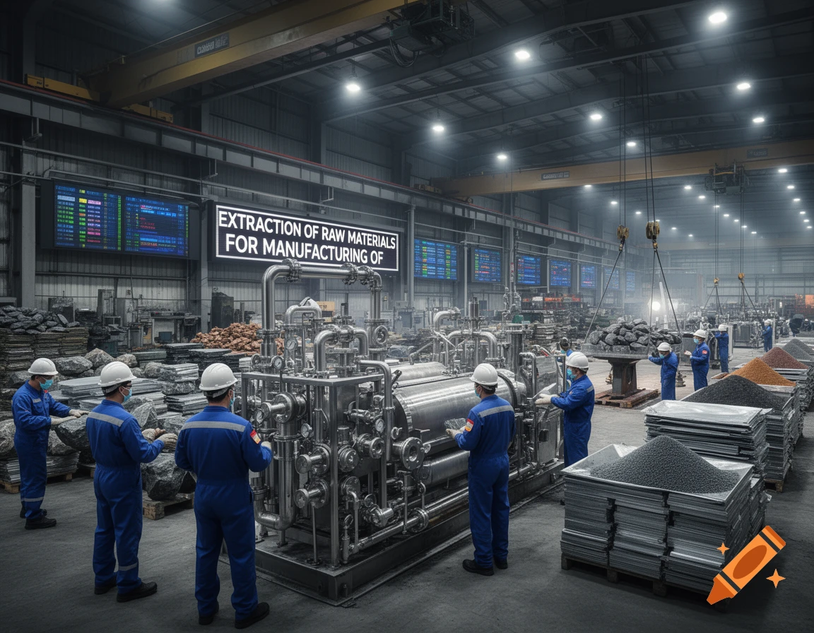 Workers in blue uniforms and hard hats operate heavy machinery in a large industrial factory for raw material extraction and manufacturing.