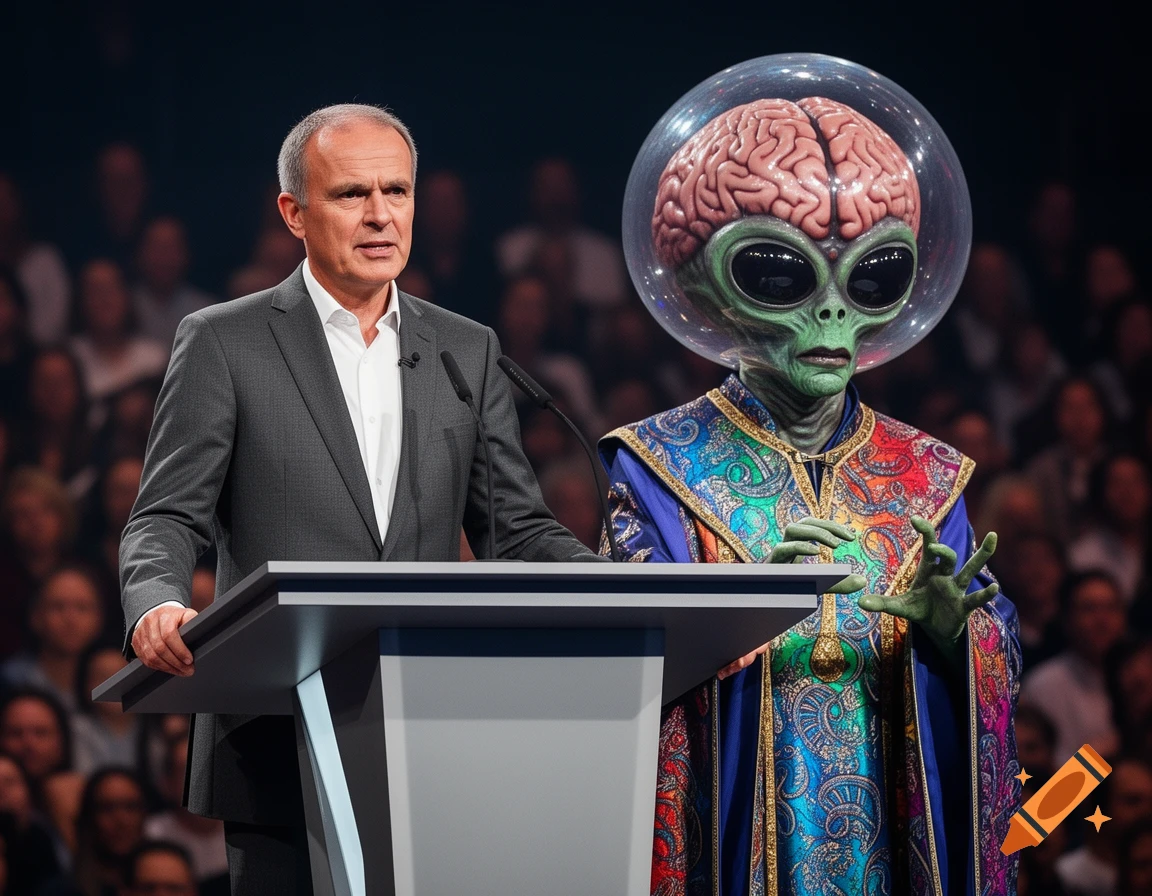 Friedrich Merz at a podium with a large-brained alien in a colorful robe, addressing an audience.