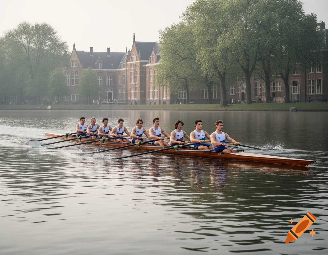 Eight men in a wooden rowing shell on calm water, with historic brick buildings and trees in the background, photorealistic style.