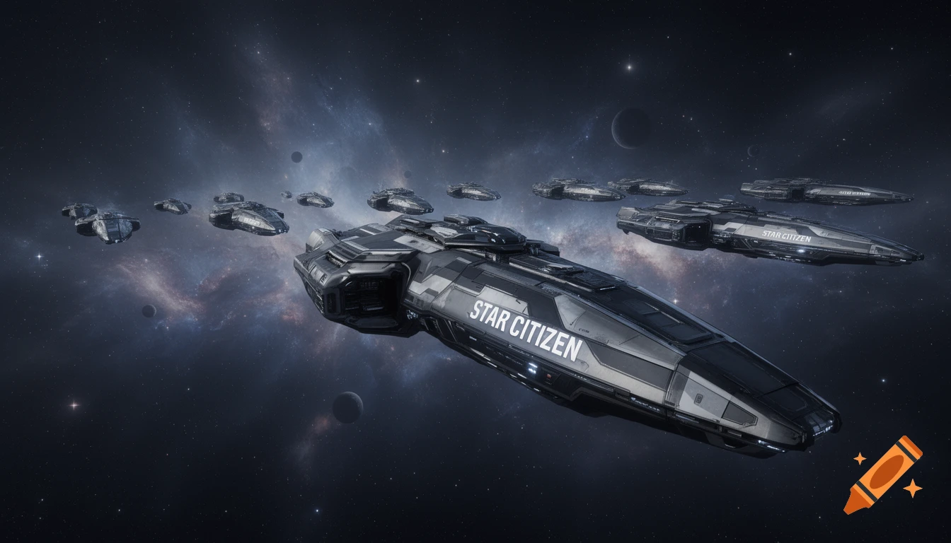 A fleet of large, grey Star Citizen spaceships flying through deep space with nebulae and planets, photorealistic.