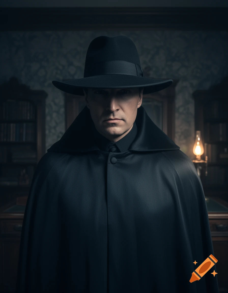 A photorealistic portrait of a man in a black fedora and cape, with his face partially shadowed, standing in a dimly lit room.