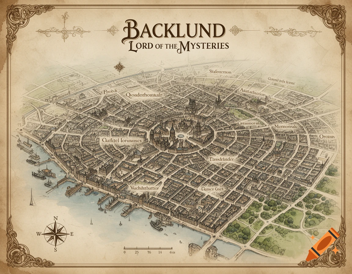 An antique-style fantasy map of the circular city of Backlund, Lord of the Mysteries, featuring detailed buildings, a harbor, parks, and a compass rose, all on aged paper with ornate borders.