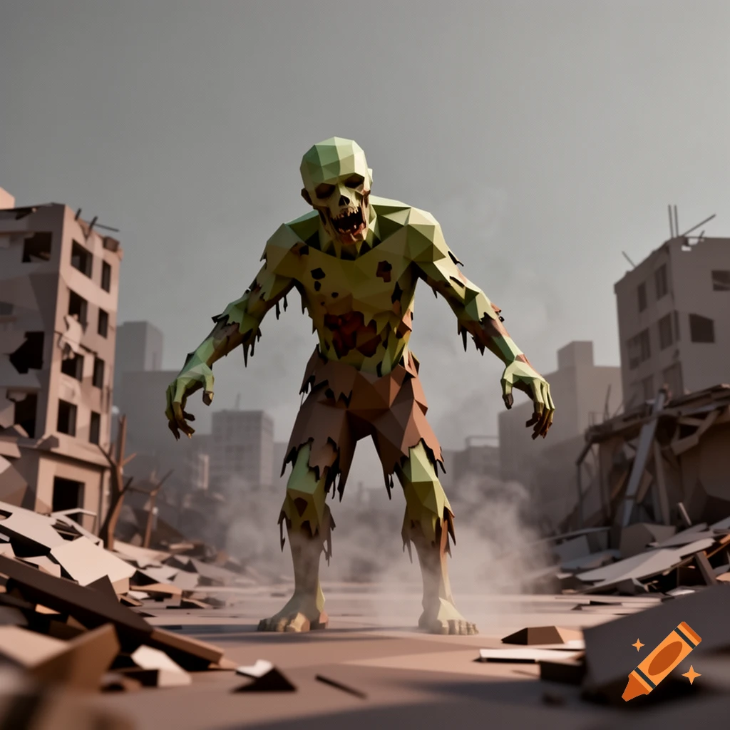 A low poly zombie stands in a ruined, post-apocalyptic city with rubble and destroyed buildings.